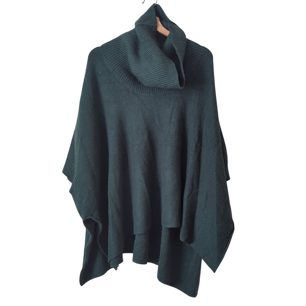 II Two Sisters Sweater Womens OS Turtleneck Poncho Oversize Forest Green Viscose
